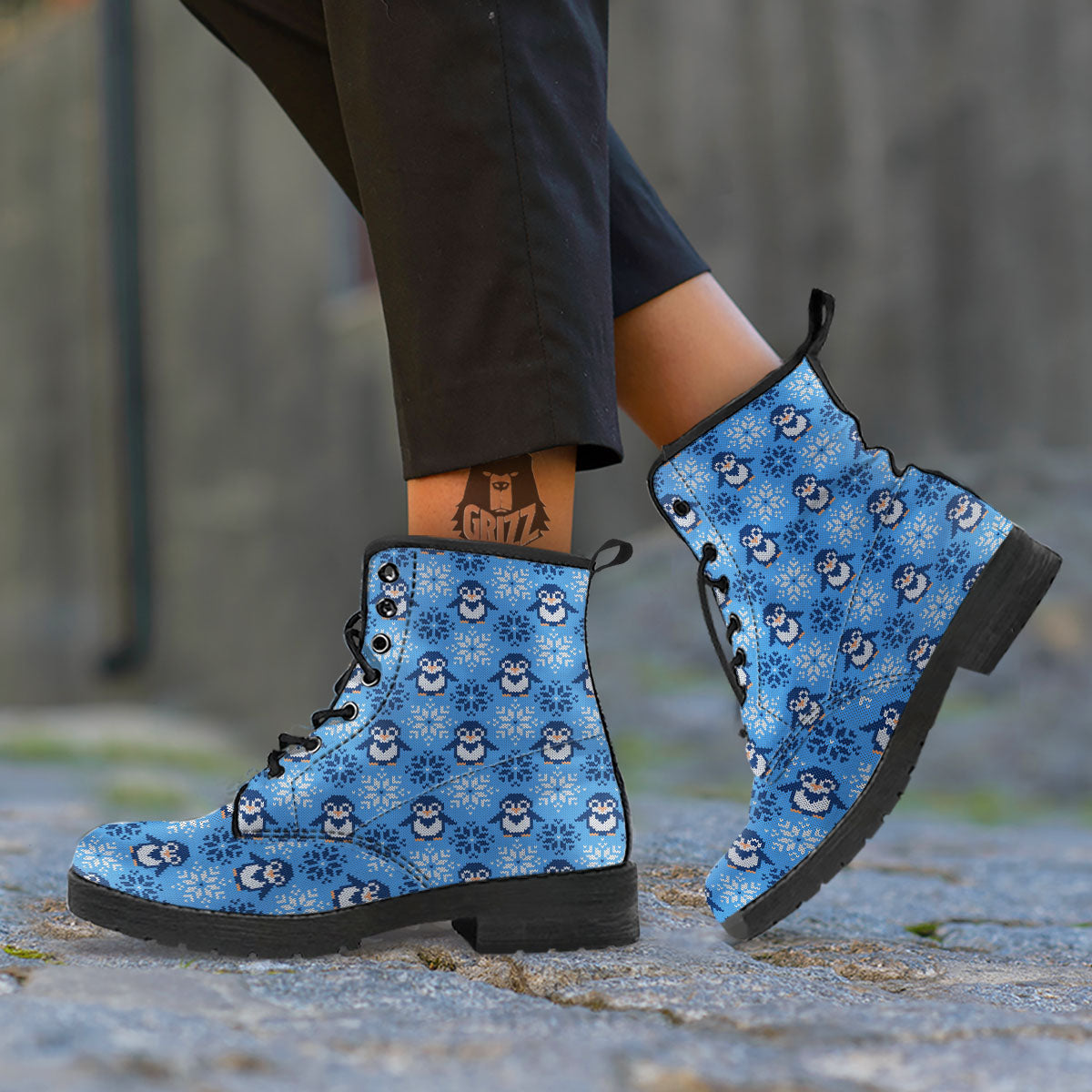 Knitted Snowy Penguin Print Pattern Leather Boots-grizzshop