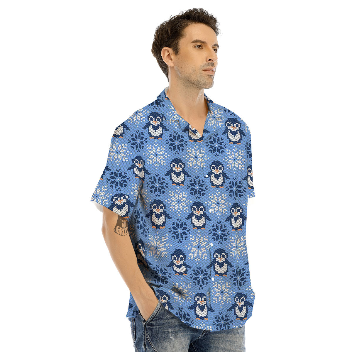 Knitted Snowy Penguin Print Pattern Men's Hawaiian Shirt-grizzshop