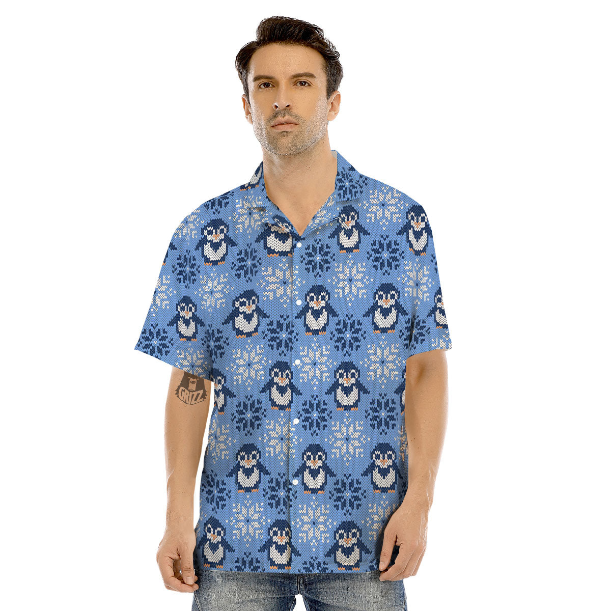 Knitted Snowy Penguin Print Pattern Men's Hawaiian Shirt-grizzshop