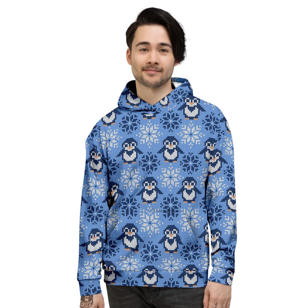 Knitted Snowy Penguin Print Pattern Men's Hoodie-grizzshop