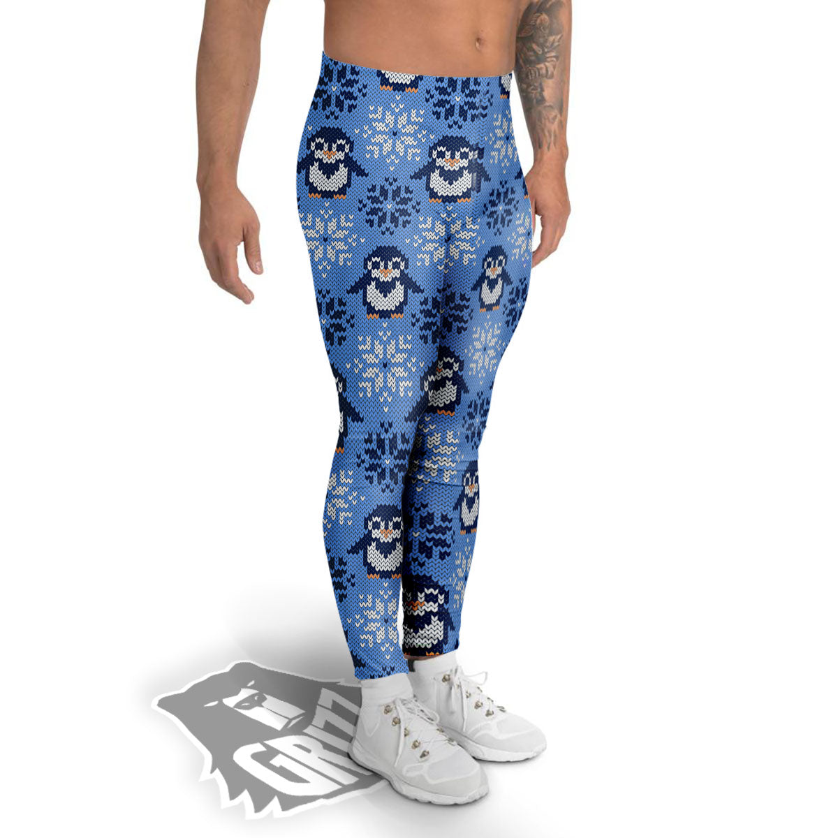 Knitted Snowy Penguin Print Pattern Men's Leggings-grizzshop