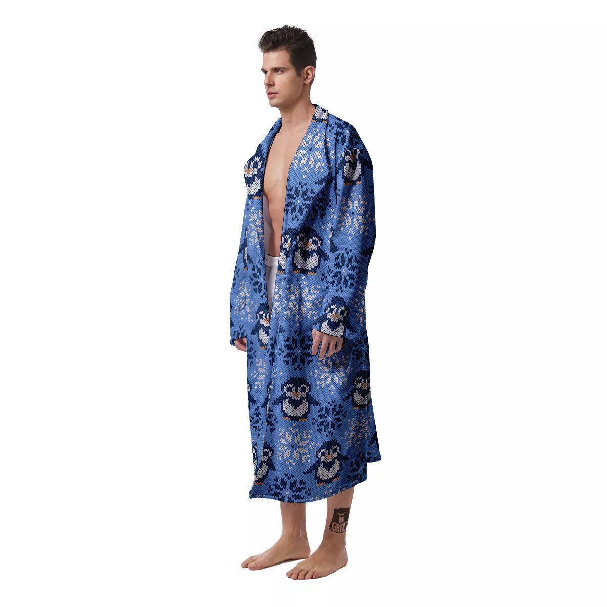 Knitted Snowy Penguin Print Pattern Men's Robe-grizzshop