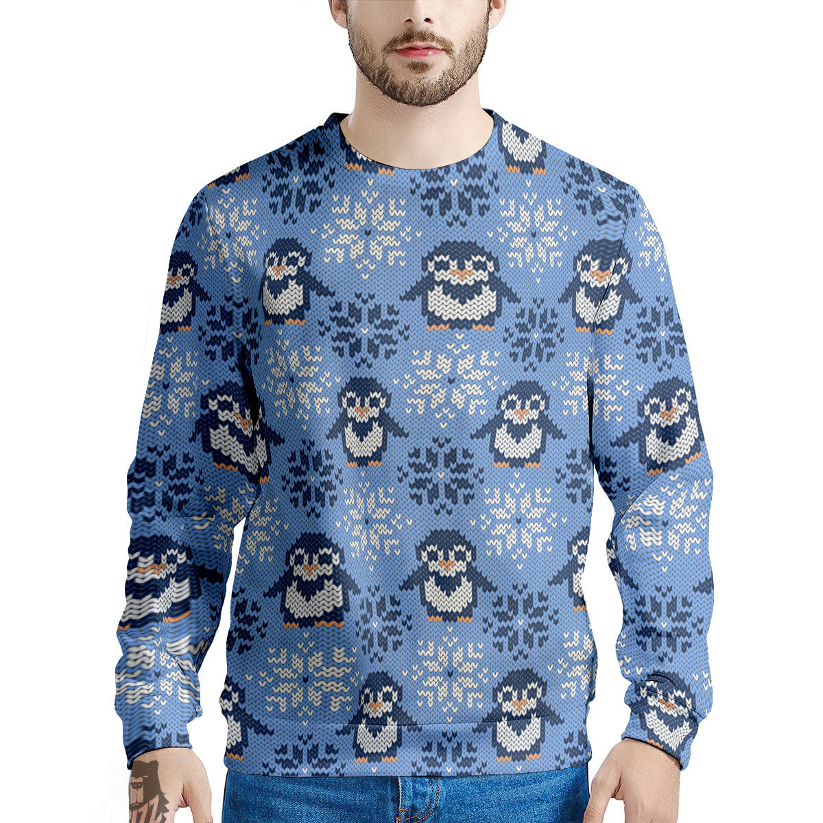 Knitted Snowy Penguin Print Pattern Men's Sweatshirt-grizzshop