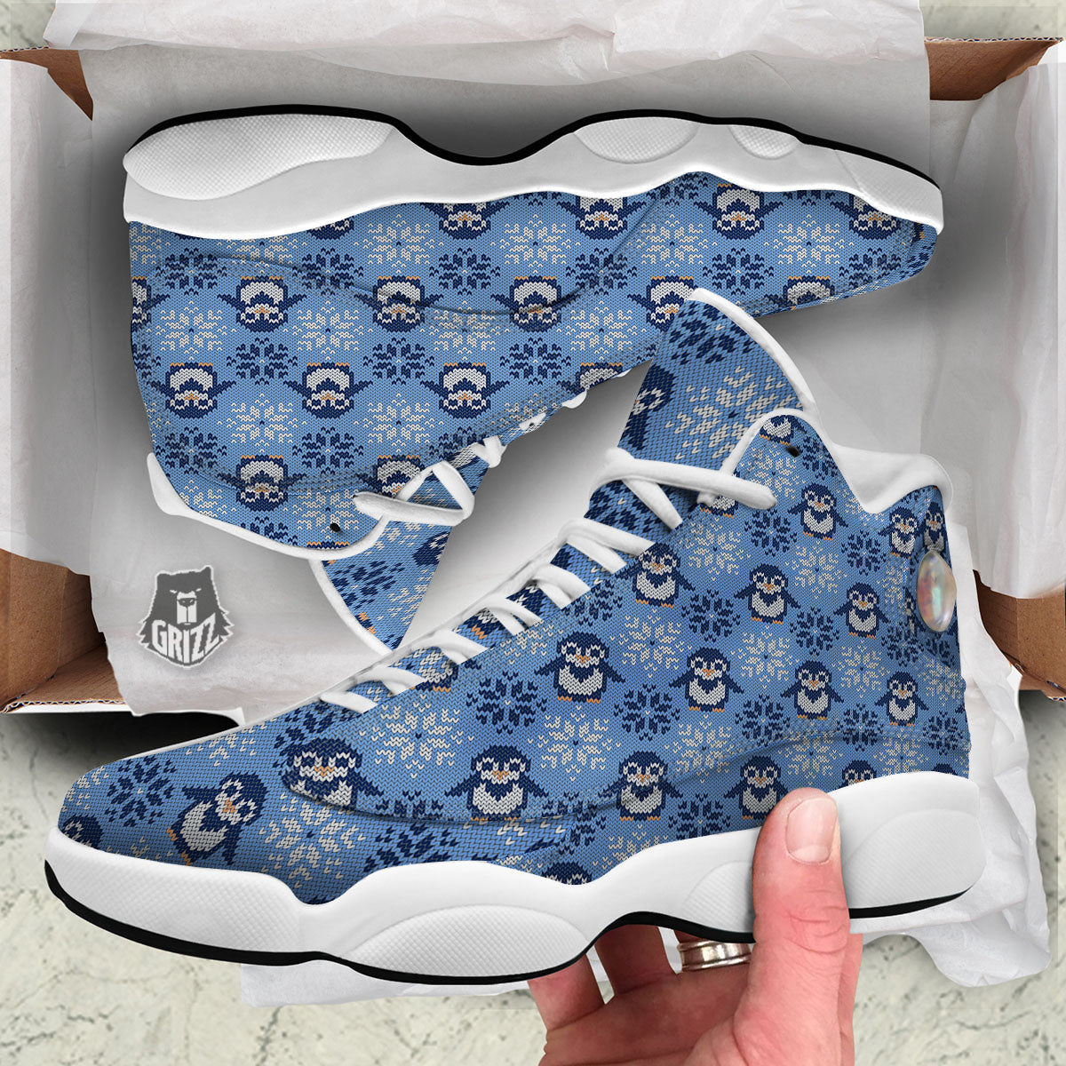 Knitted Snowy Penguin Print Pattern White Basketball Shoes-grizzshop