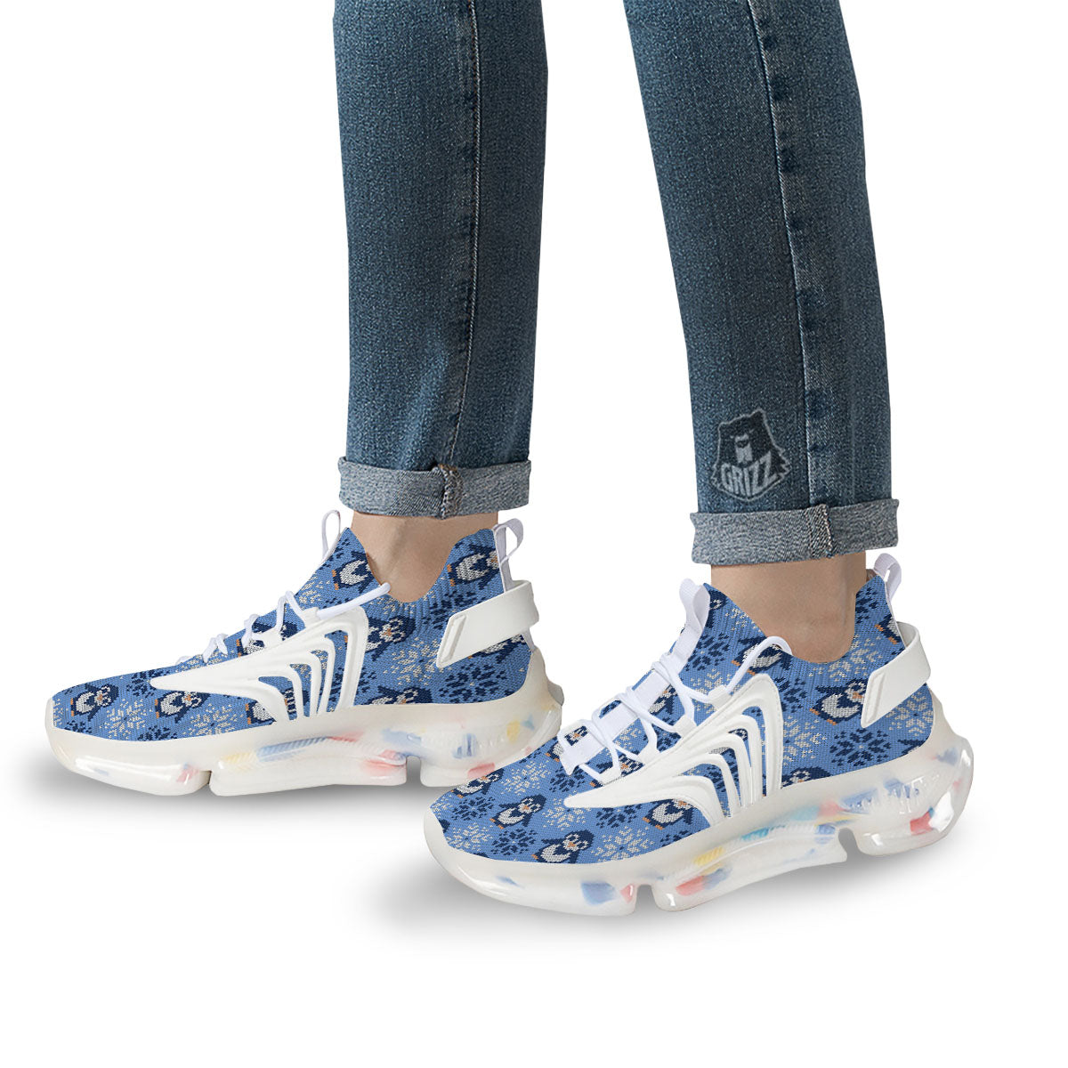 Knitted Snowy Penguin Print Pattern White Gym Shoes-grizzshop