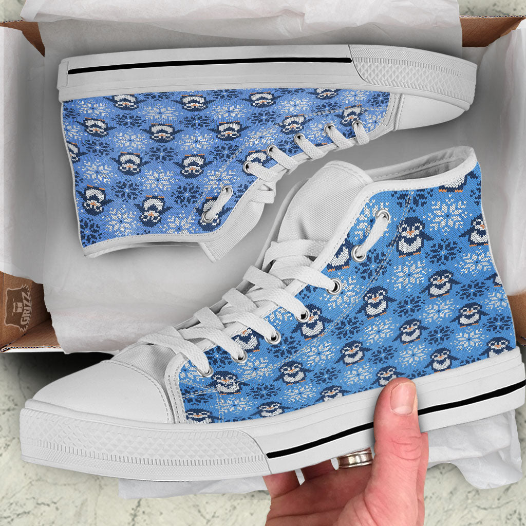Knitted Snowy Penguin Print Pattern White High Top Shoes-grizzshop