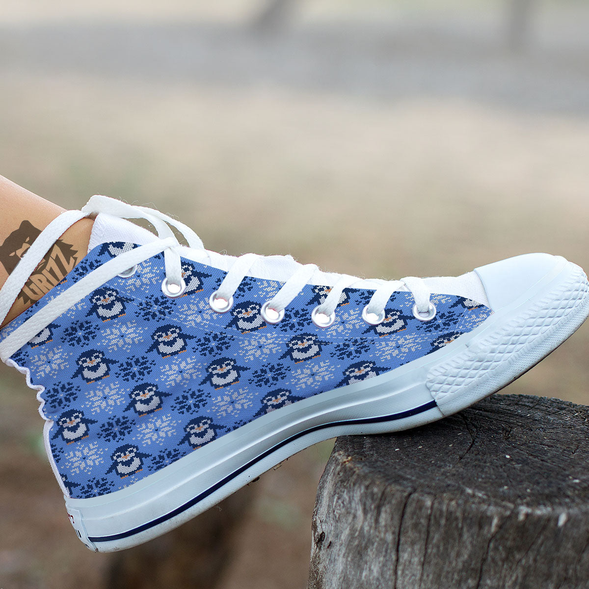 Knitted Snowy Penguin Print Pattern White High Top Shoes-grizzshop