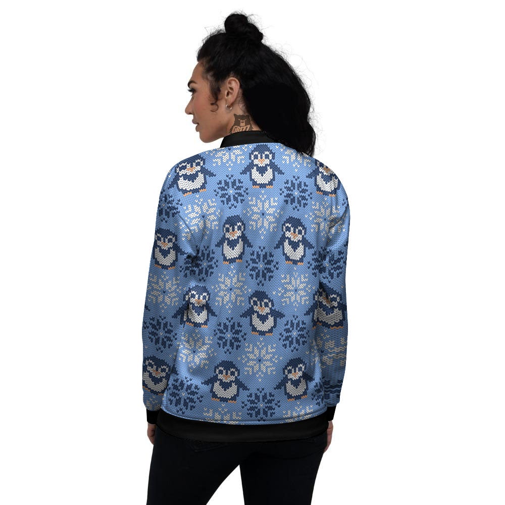 Knitted Snowy Penguin Print Pattern Women's Bomber Jacket-grizzshop
