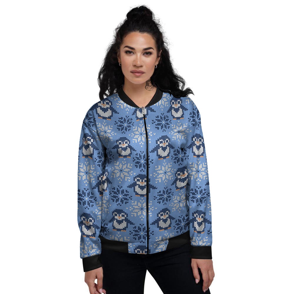 Knitted Snowy Penguin Print Pattern Women's Bomber Jacket-grizzshop