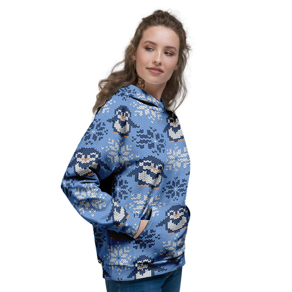 Knitted Snowy Penguin Print Pattern Women's Hoodie-grizzshop