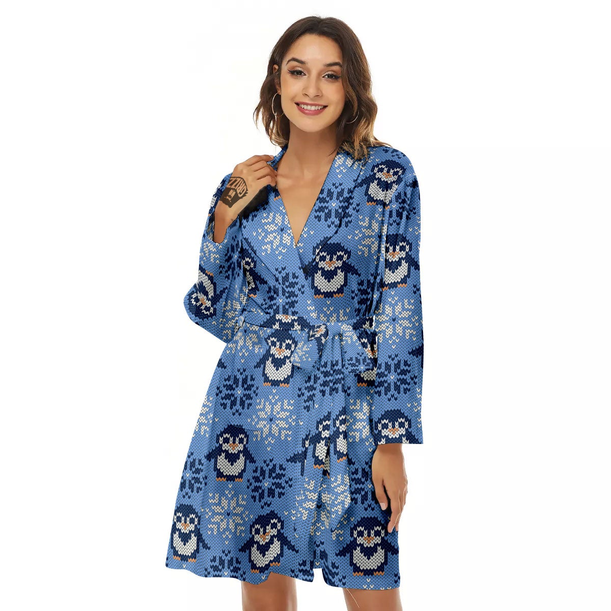 Knitted Snowy Penguin Print Pattern Women's Robe-grizzshop