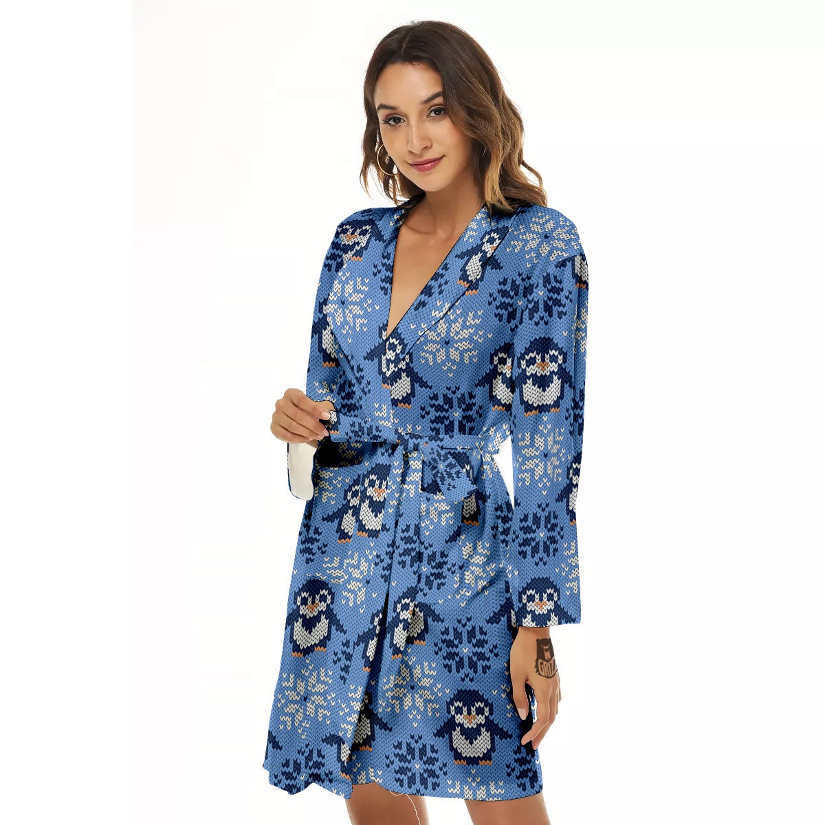 Knitted Snowy Penguin Print Pattern Women's Robe-grizzshop