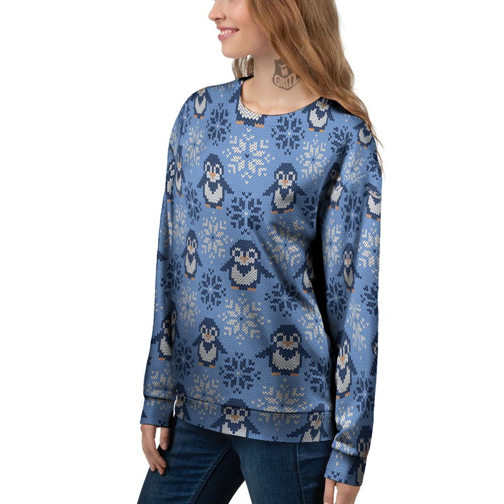 Knitted Snowy Penguin Print Pattern Women's Sweatshirt-grizzshop