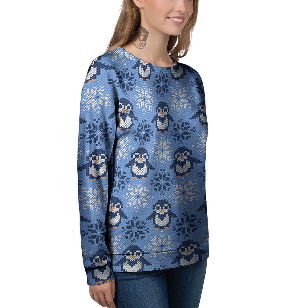 Knitted Snowy Penguin Print Pattern Women's Sweatshirt-grizzshop