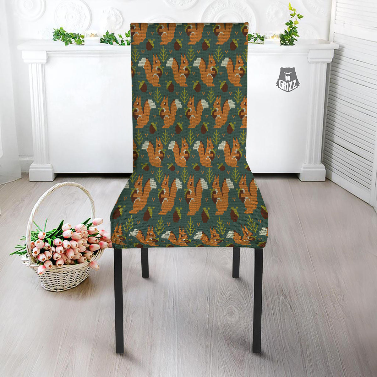 Knitted Squirrel Print Pattern Dining Chair Slipcover-grizzshop