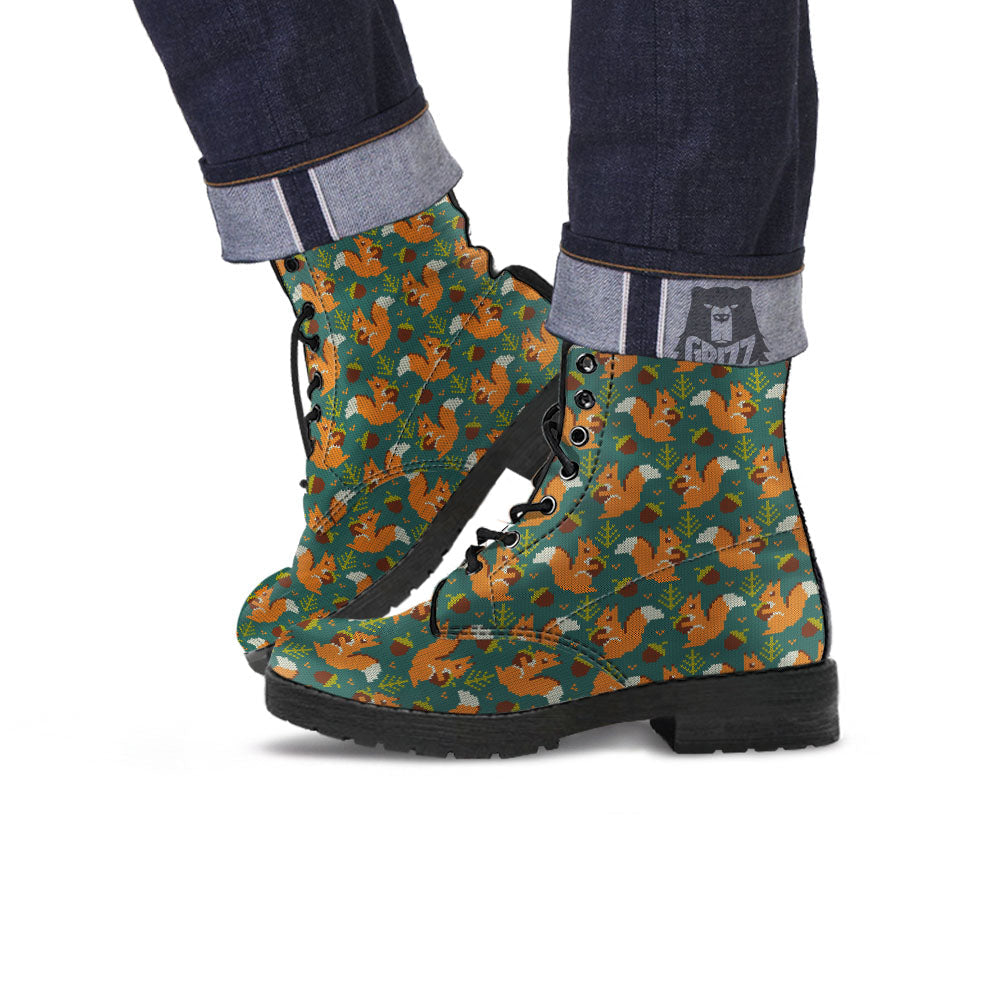 Knitted Squirrel Print Pattern Leather Boots-grizzshop