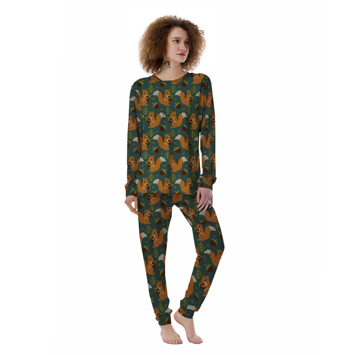 Knitted Squirrel Print Pattern Women's Pajamas-grizzshop