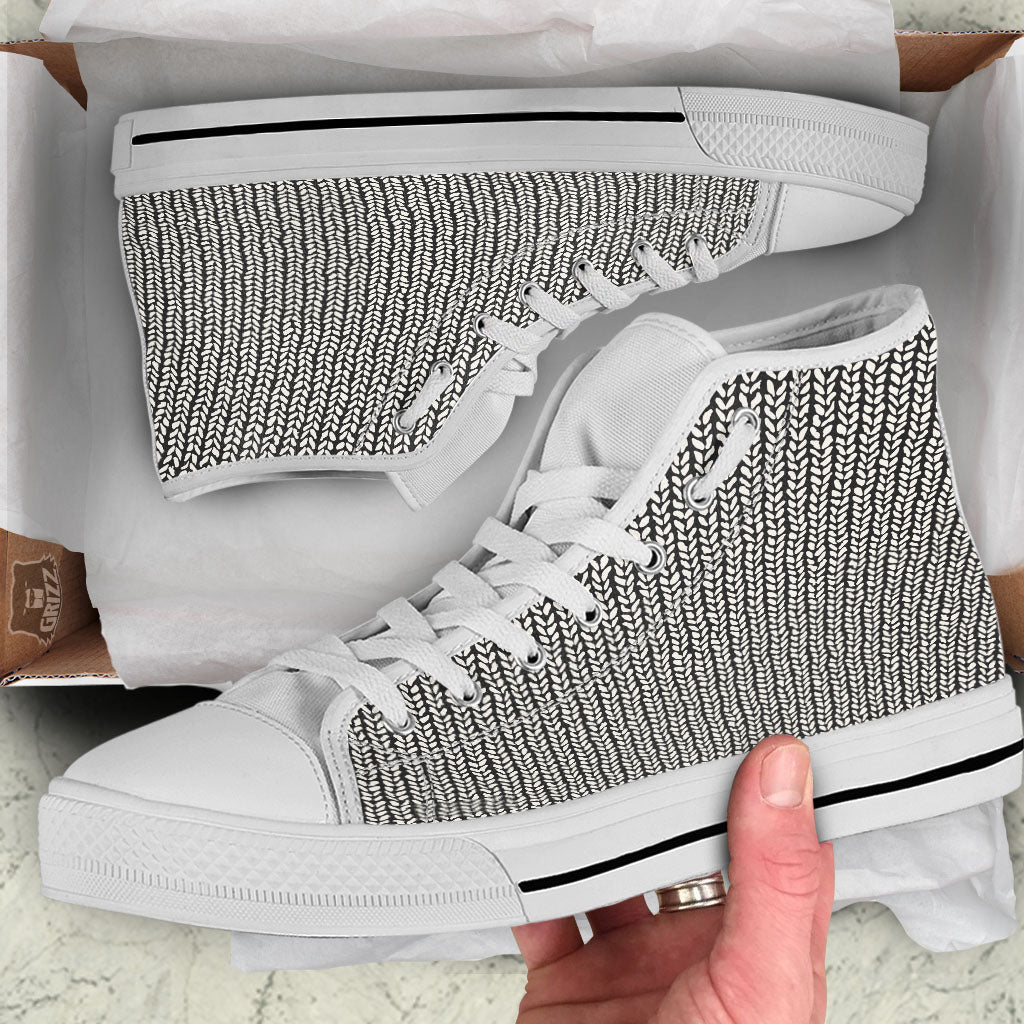 Knitted Texture White And Black Print Pattern White High Top Shoes-grizzshop