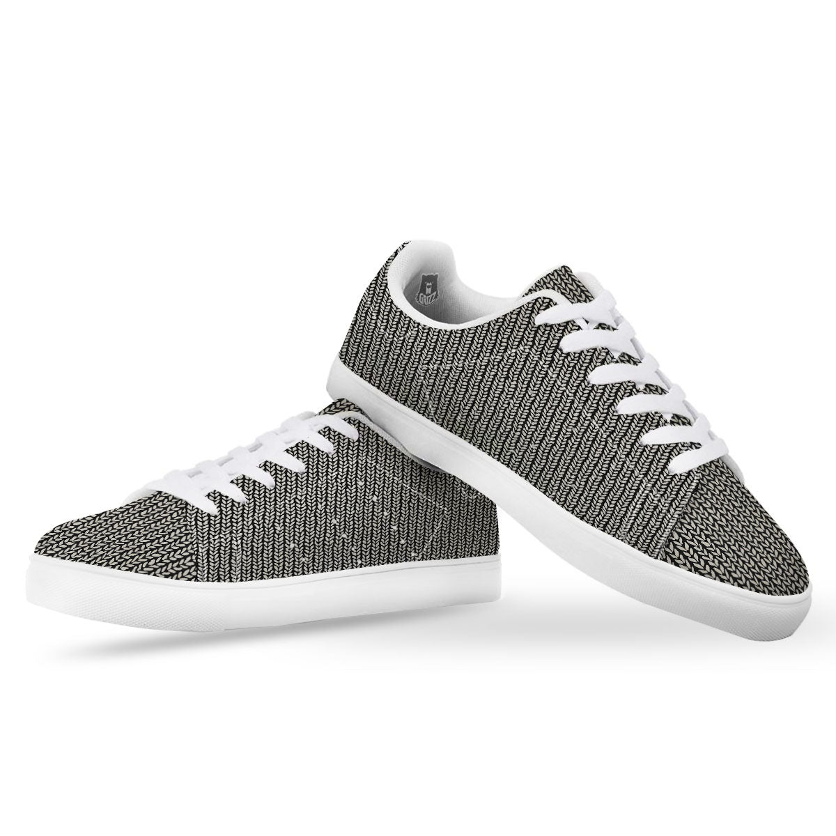 Knitted Texture White And Black Print Pattern White Low Top Sneakers-grizzshop
