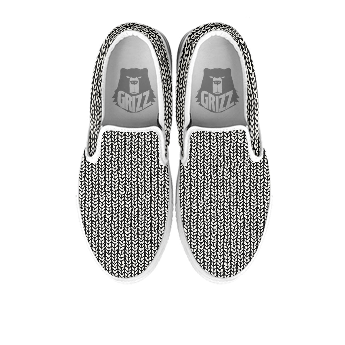 Knitted Texture White And Black Print Pattern White Slip On Shoes-grizzshop