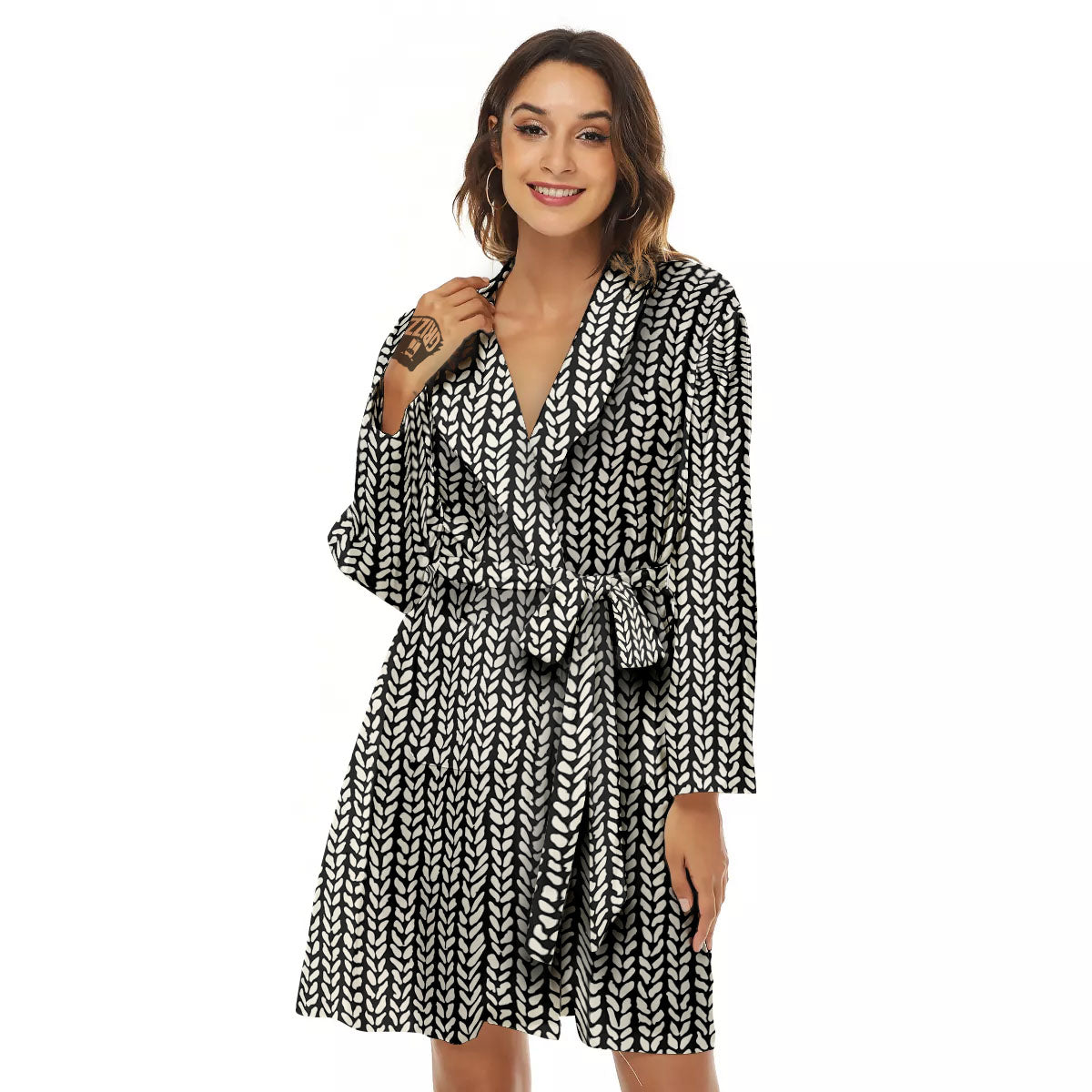 Knitted Texture White And Black Print Pattern Women's Robe-grizzshop