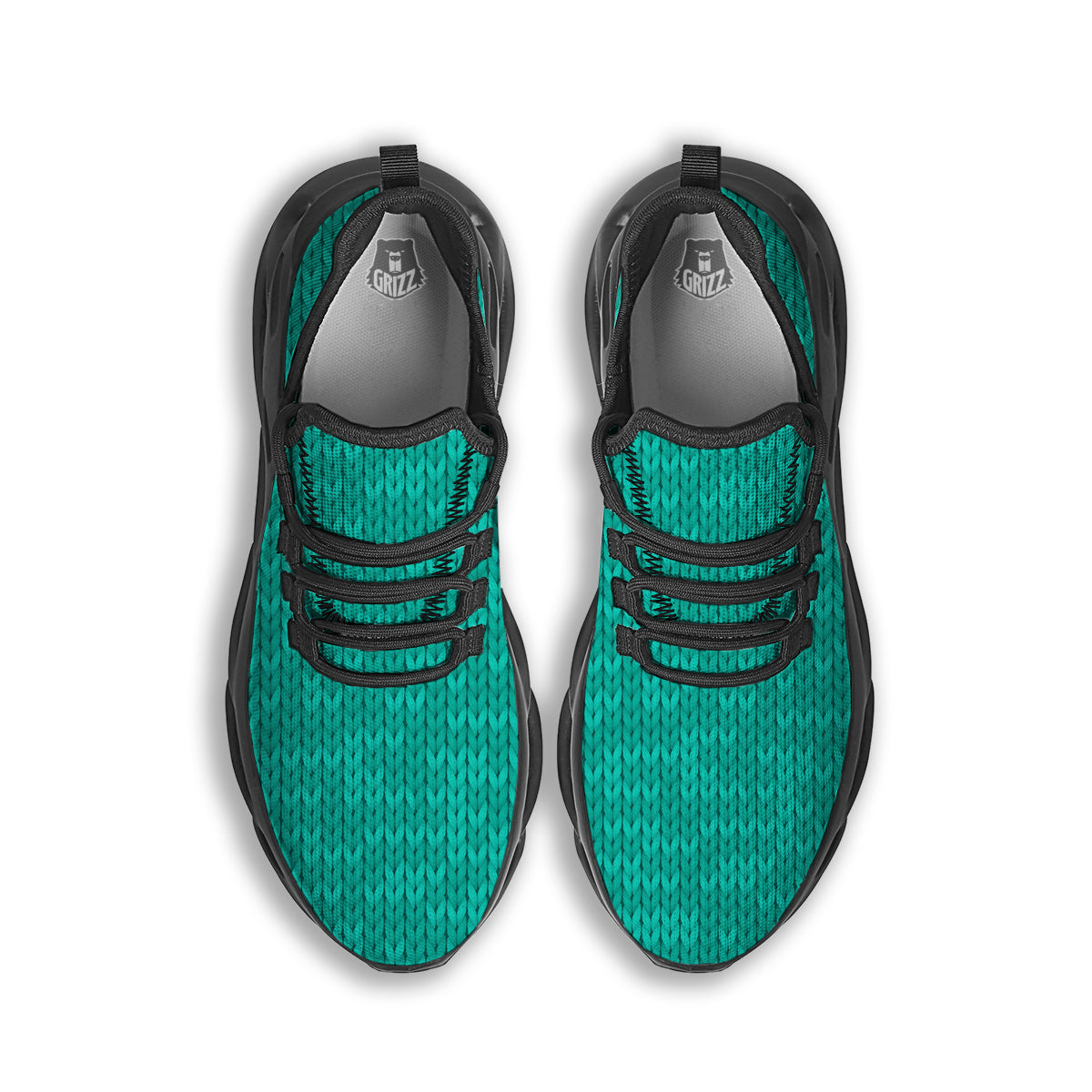 Knitted Turquoise Print Pattern Black Running Shoes-grizzshop