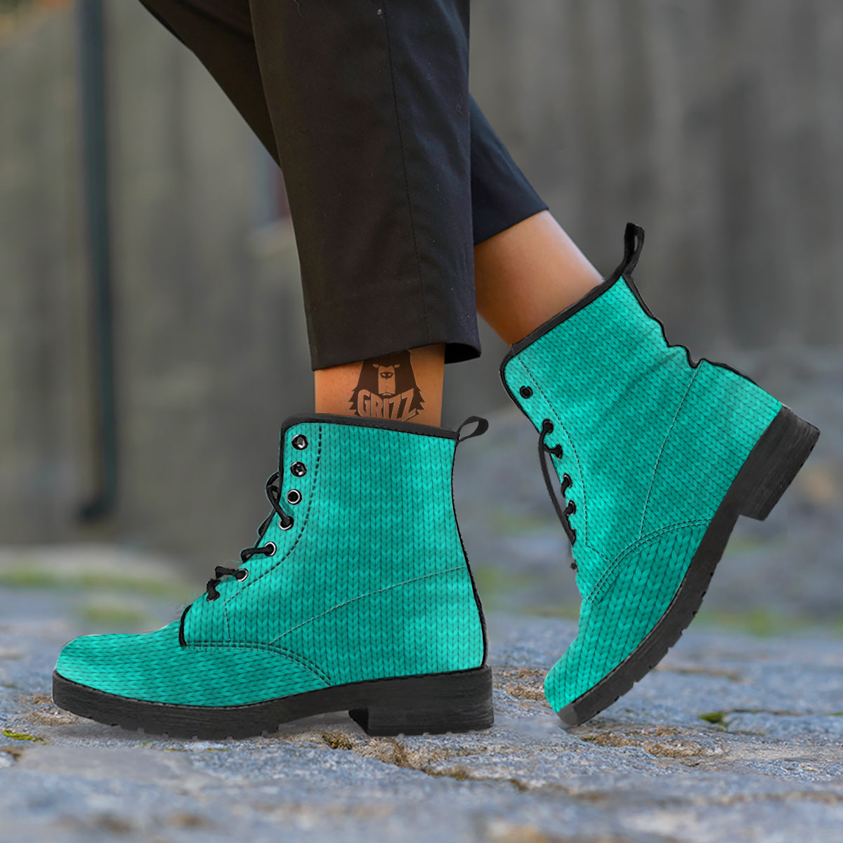 Knitted Turquoise Print Pattern Leather Boots-grizzshop