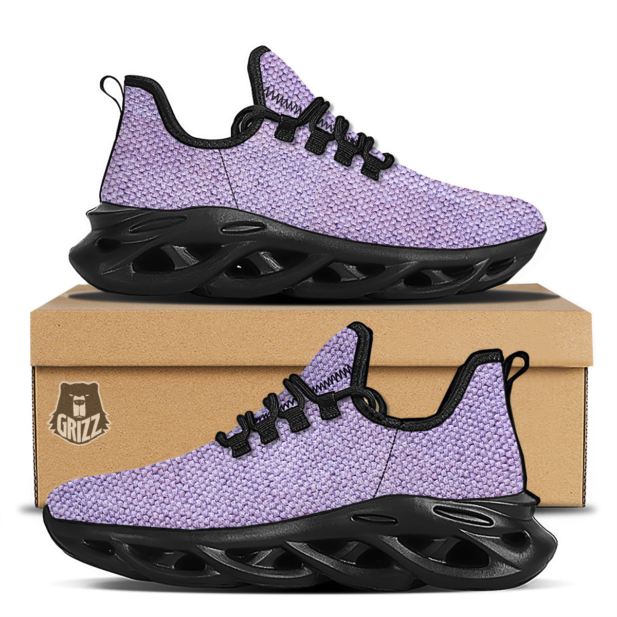 Knitted Violet Print Pattern Black Running Shoes-grizzshop