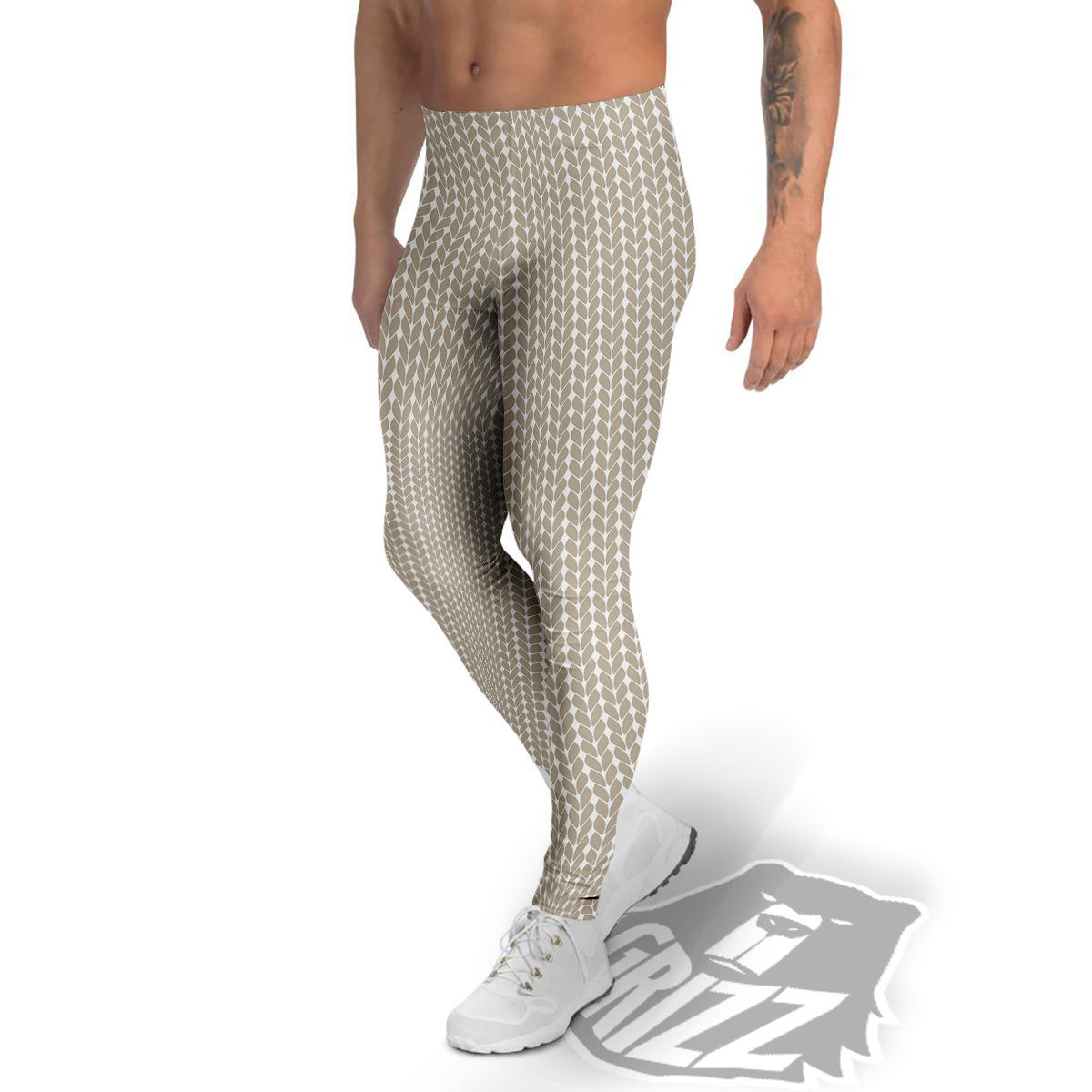 Knitted White And Beige Print Pattern Men's Leggings-grizzshop