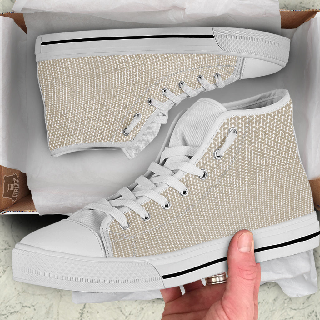 Knitted White And Beige Print Pattern White High Top Shoes-grizzshop