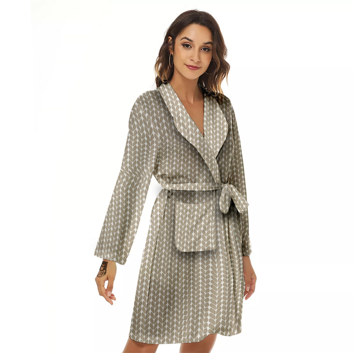 Knitted White And Beige Print Pattern Women's Robe-grizzshop