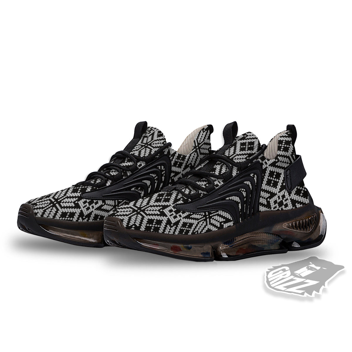 Knitted White And Black Print Pattern Black Gym Shoes-grizzshop