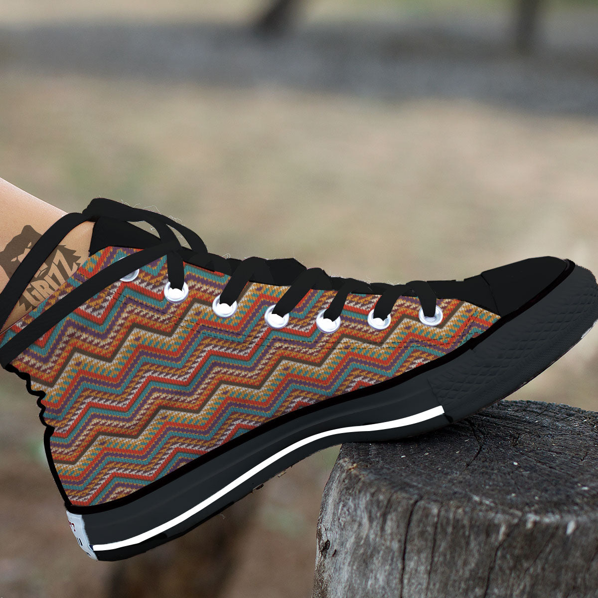Knitted Zigzag Print Pattern Black High Top Shoes-grizzshop
