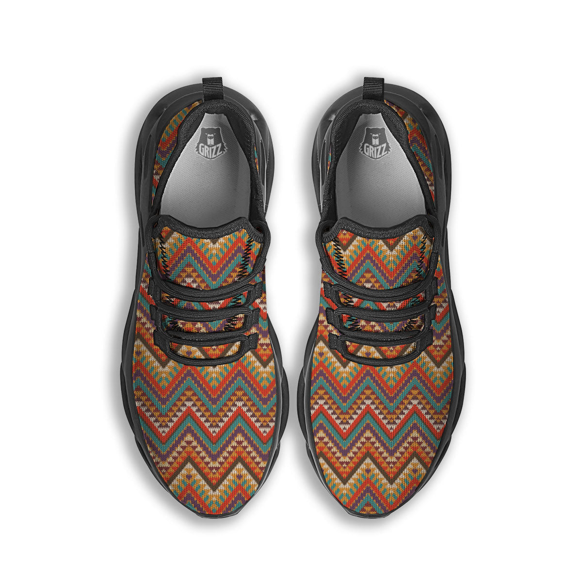 Knitted Zigzag Print Pattern Black Running Shoes-grizzshop