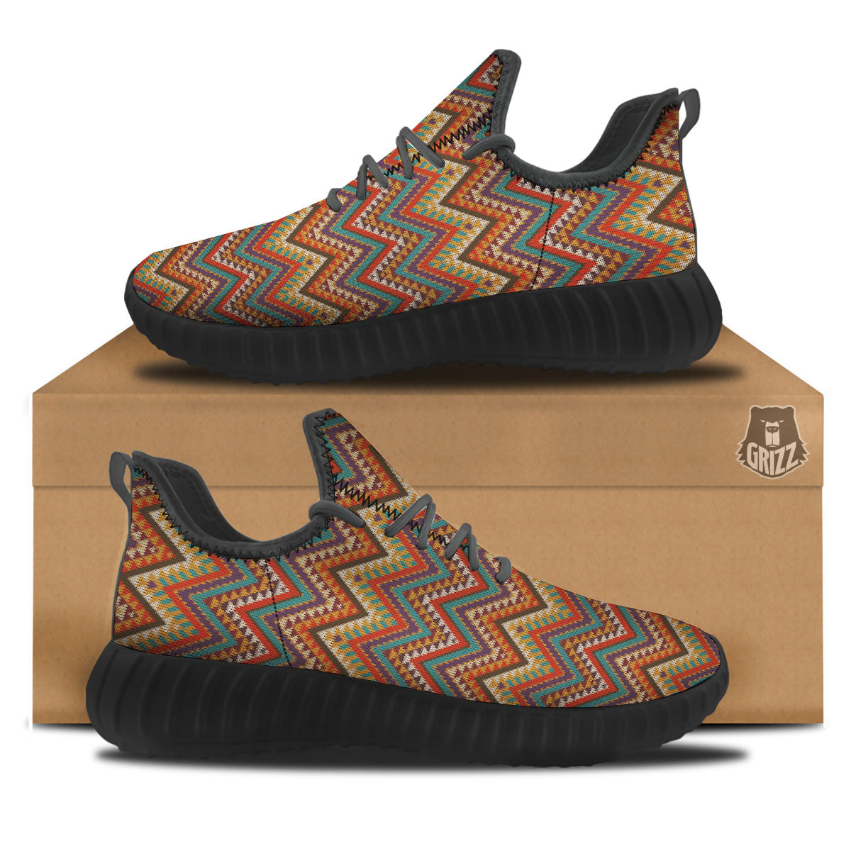 Knitted Zigzag Print Pattern Black Walking Shoes-grizzshop