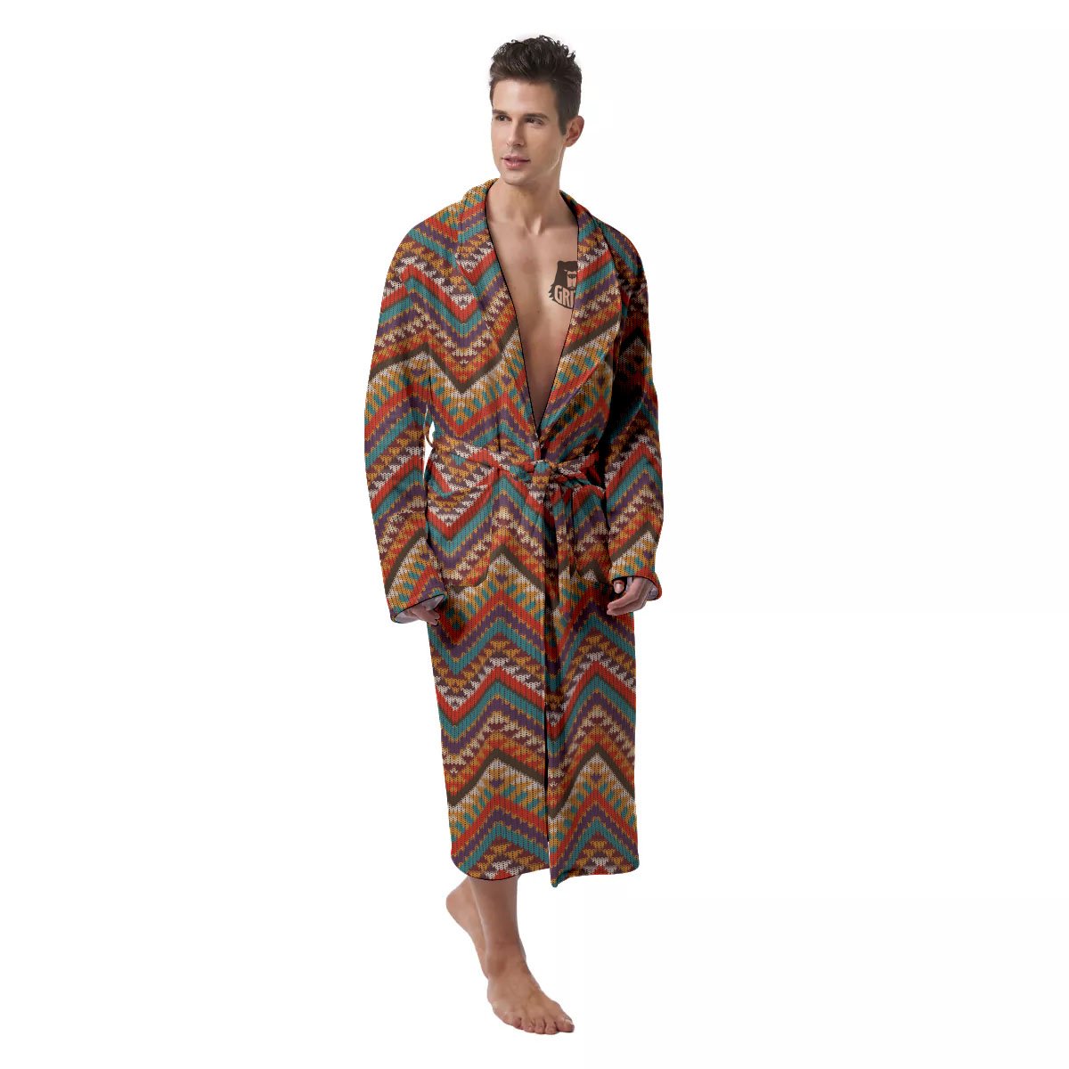 Knitted Zigzag Print Pattern Men's Robe-grizzshop