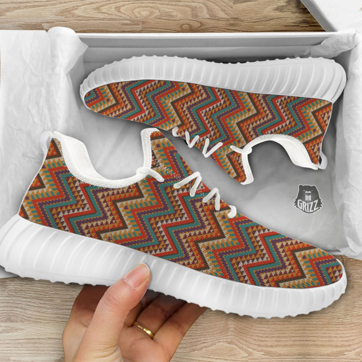 Knitted Zigzag Print Pattern White Walking Shoes-grizzshop
