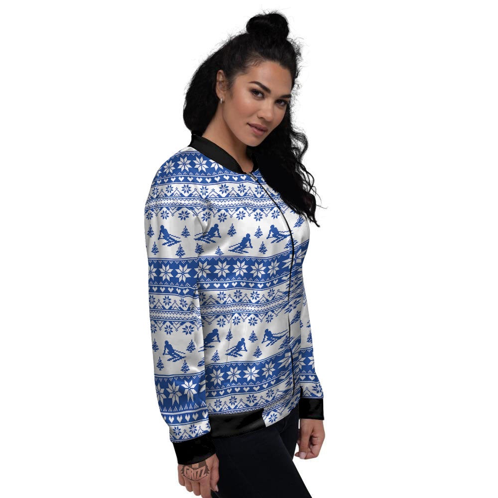 Knitting Winter Ski Print Pattern Women's Bomber Jacket-grizzshop