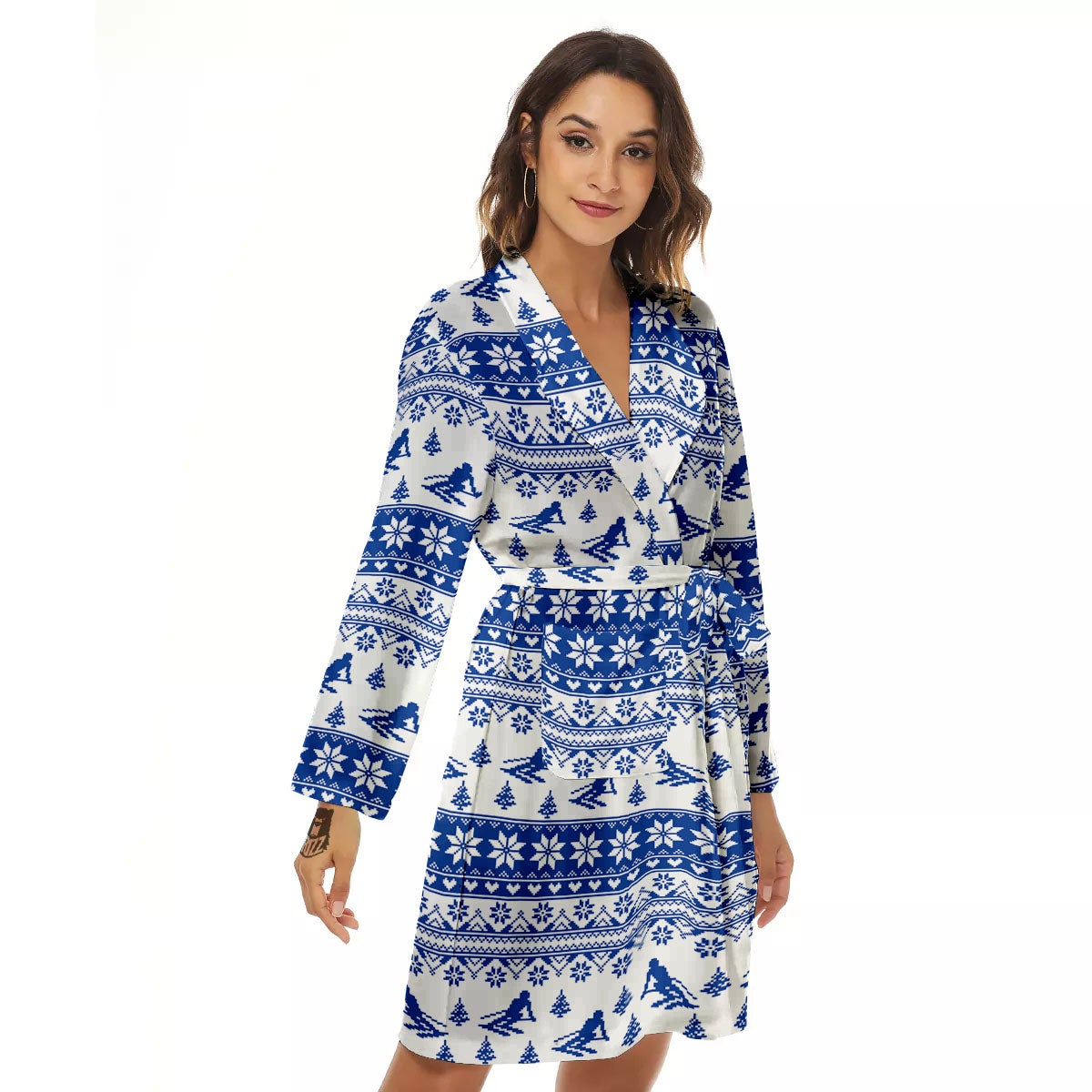 Knitting Winter Ski Print Pattern Women's Robe-grizzshop