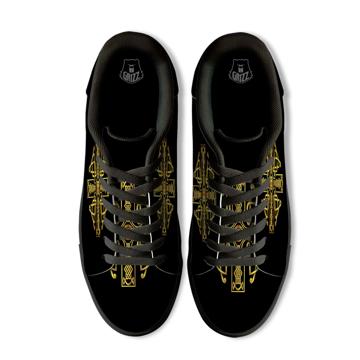 Knot Cross Gold Celtic Print Black Low Top Sneakers-grizzshop