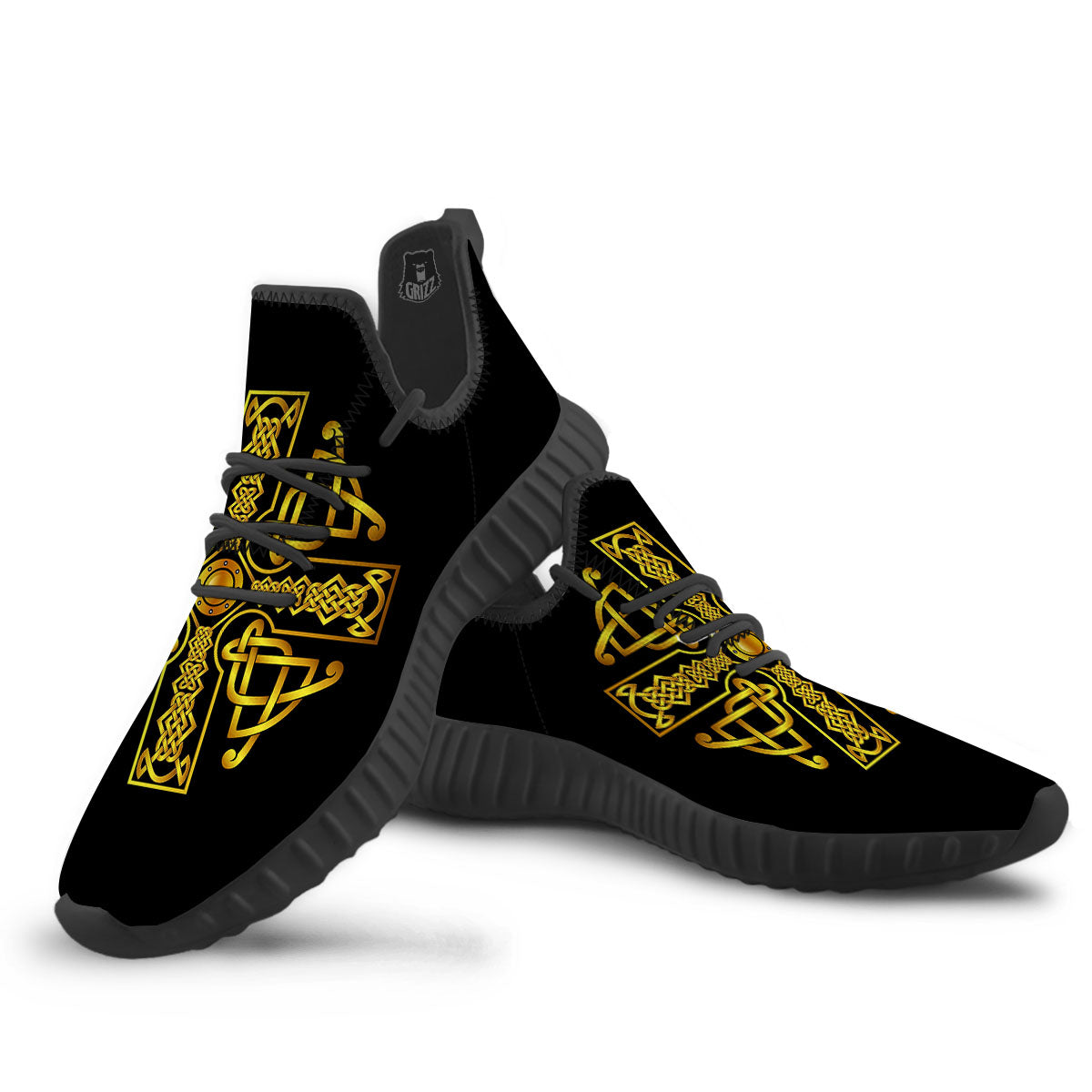 Knot Cross Gold Celtic Print Black Walking Shoes-grizzshop