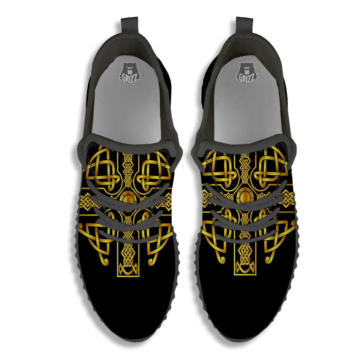 Knot Cross Gold Celtic Print Black Walking Shoes-grizzshop