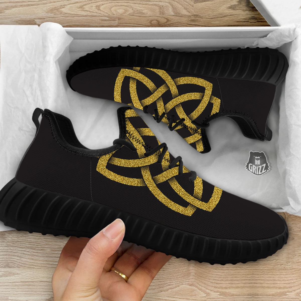 Knot Symbol Gold Celtic Print Black Walking Shoes-grizzshop
