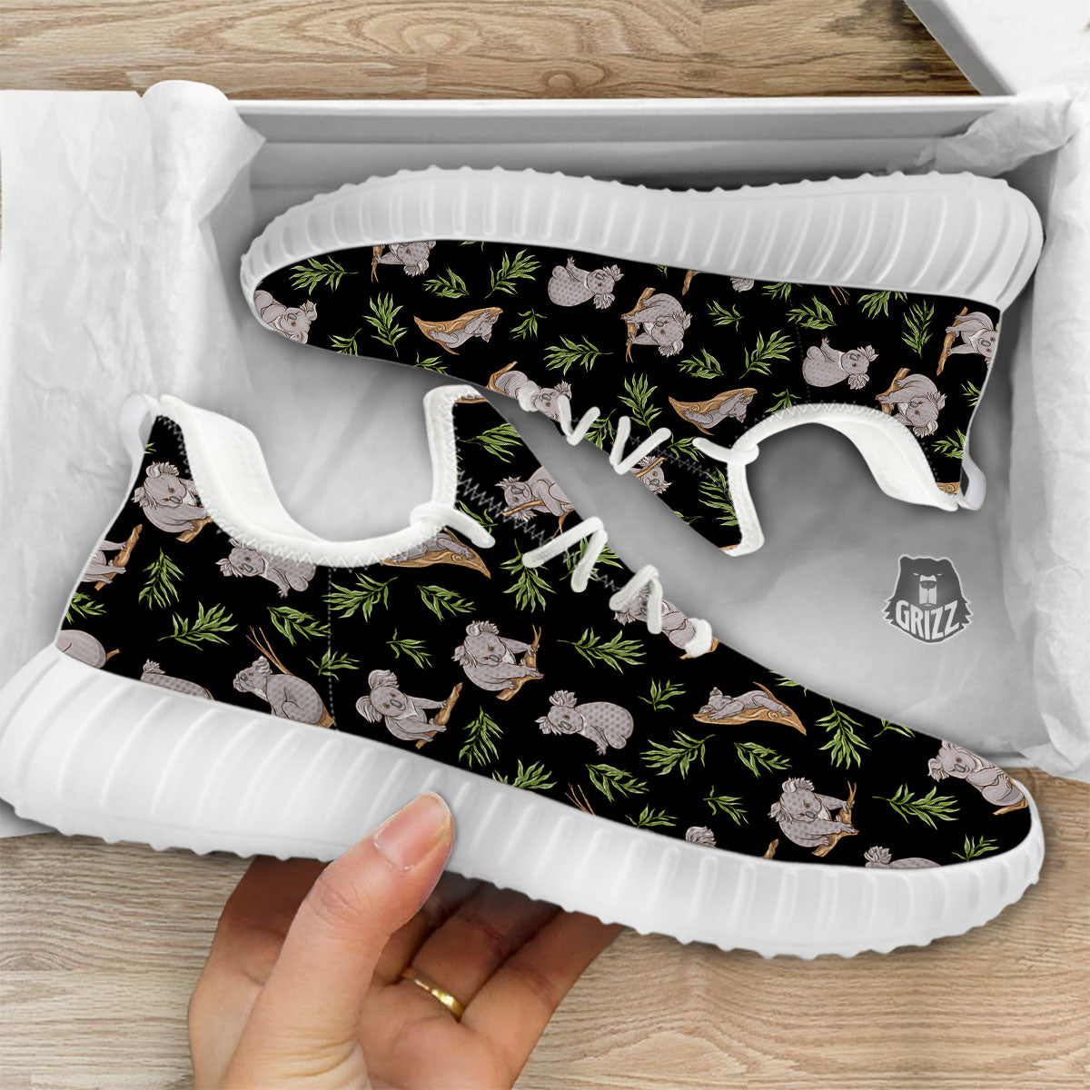 Koala Bear Black Print Pattern White Walking Shoes-grizzshop