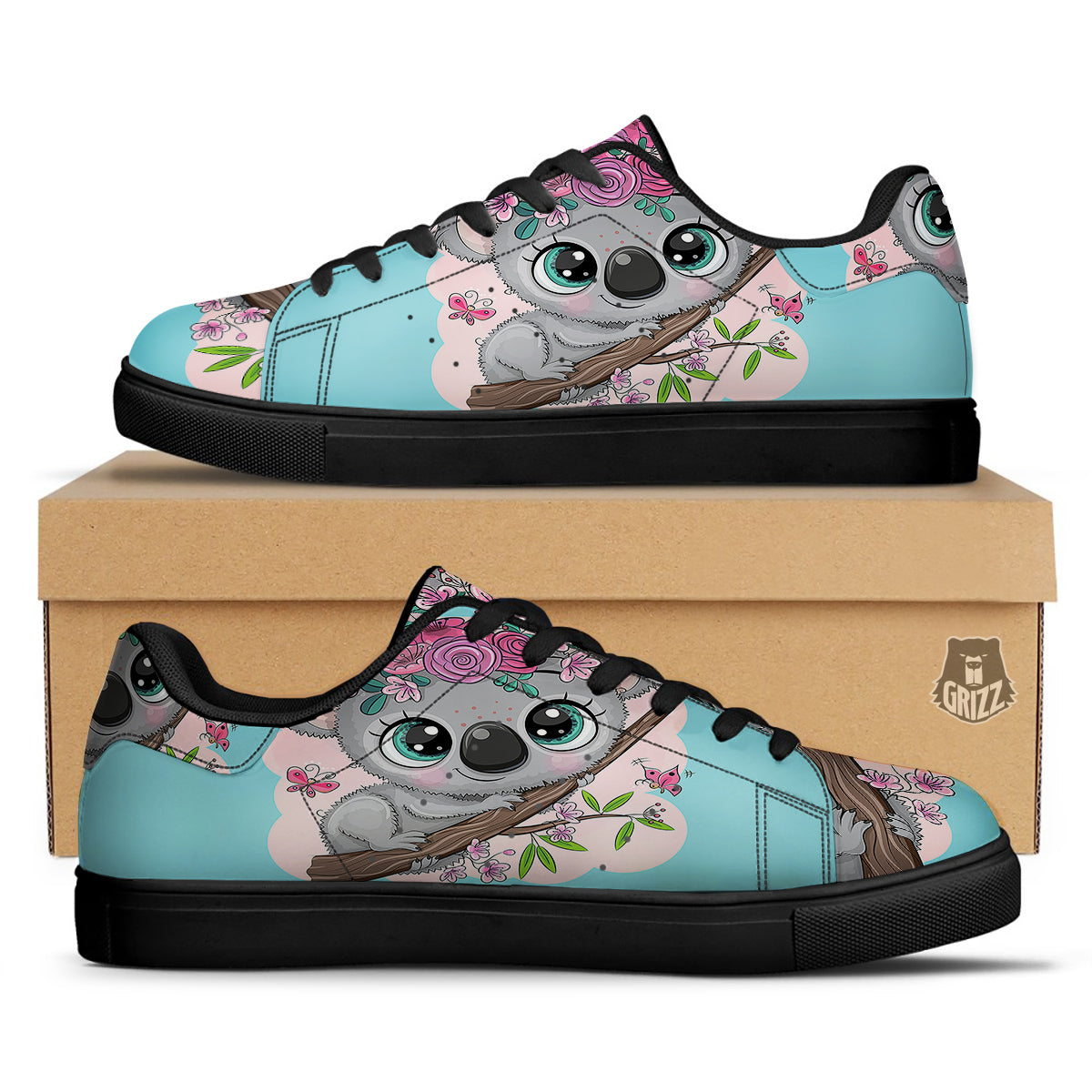 Koala Cute Print Black Low Top Sneakers-grizzshop
