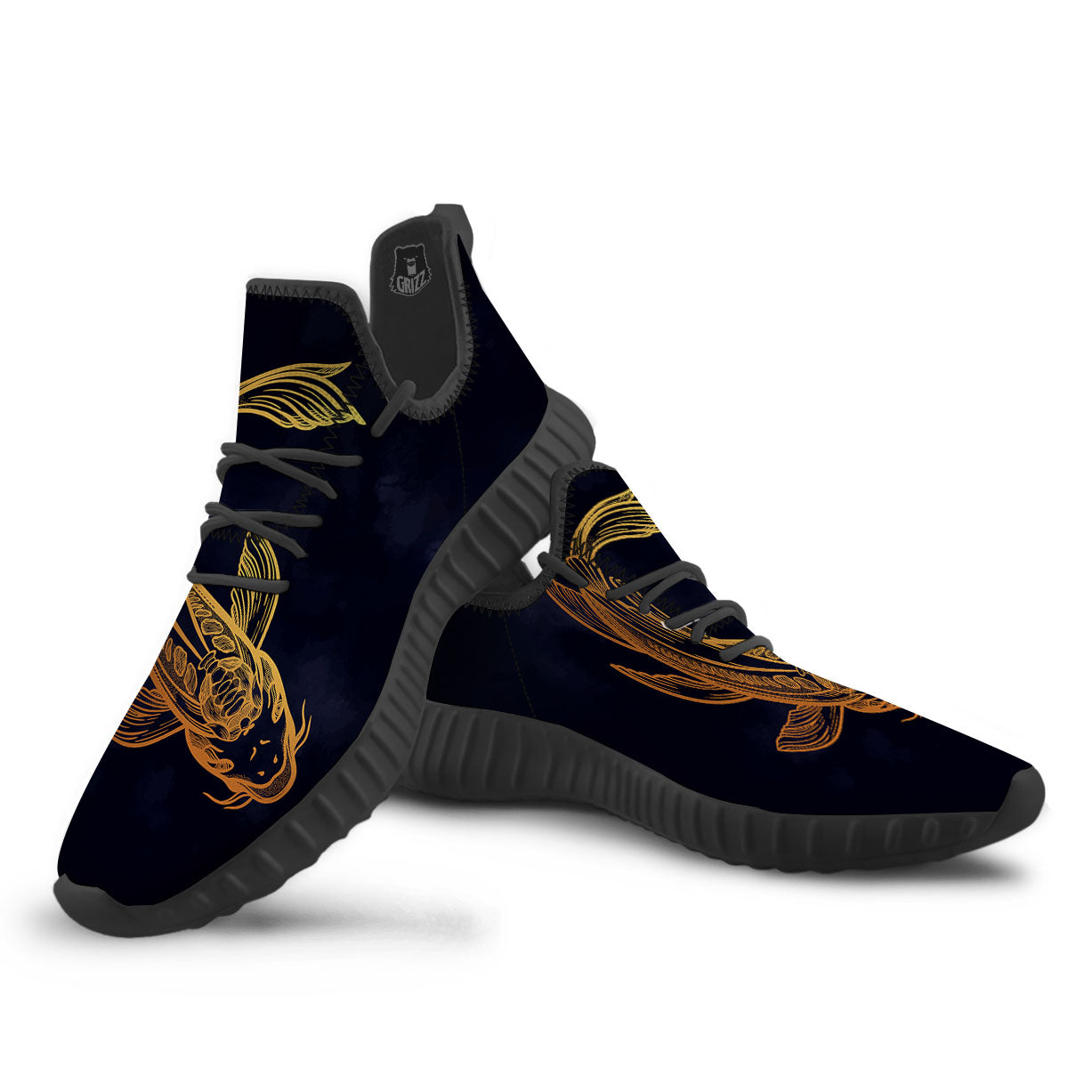 Koi Carp Golden Spiritual Print Black Walking Shoes-grizzshop