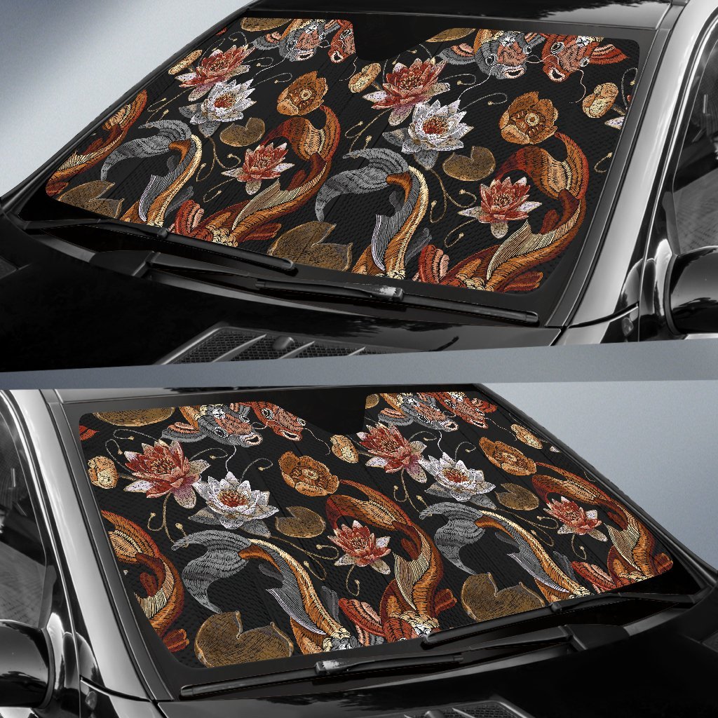 Koi Fish Crochet Lotus Pattern Print Car Sun Shade-grizzshop