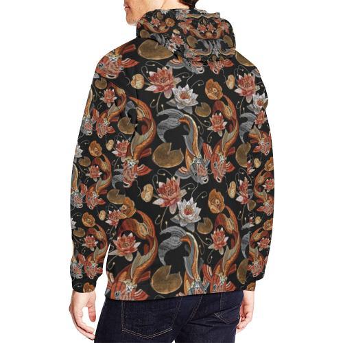 Koi Fish Crochet Lotus Pattern Print Men Pullover Hoodie-grizzshop