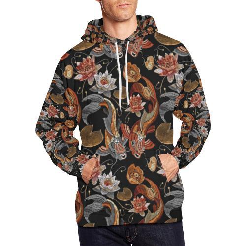 Koi Fish Crochet Lotus Pattern Print Men Pullover Hoodie-grizzshop