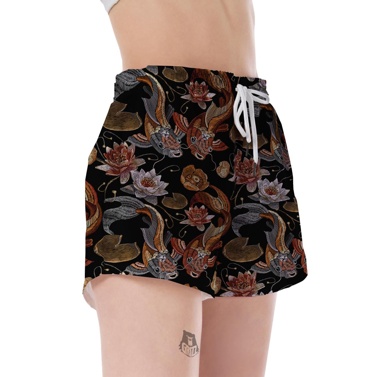 Koi Fish Crochet Lotus Pattern Print Women's Shorts-grizzshop